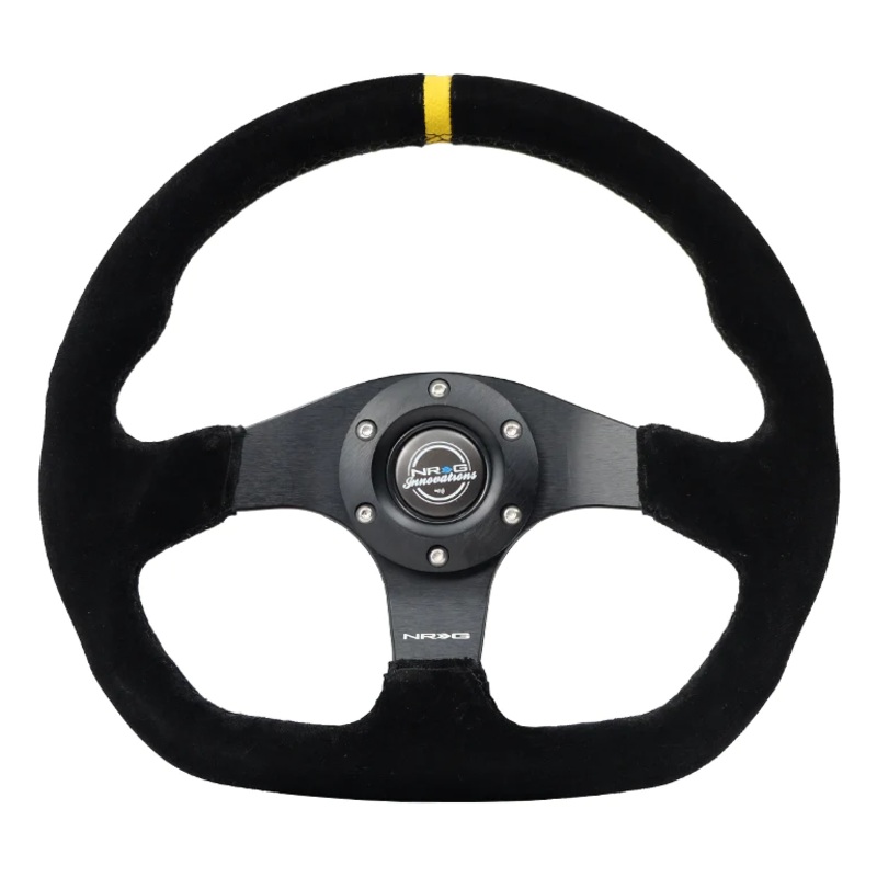 NRG Reinforced Steering Wheel (320mm) Sport Suede Flat Bottom w/ Yellow Center Mark