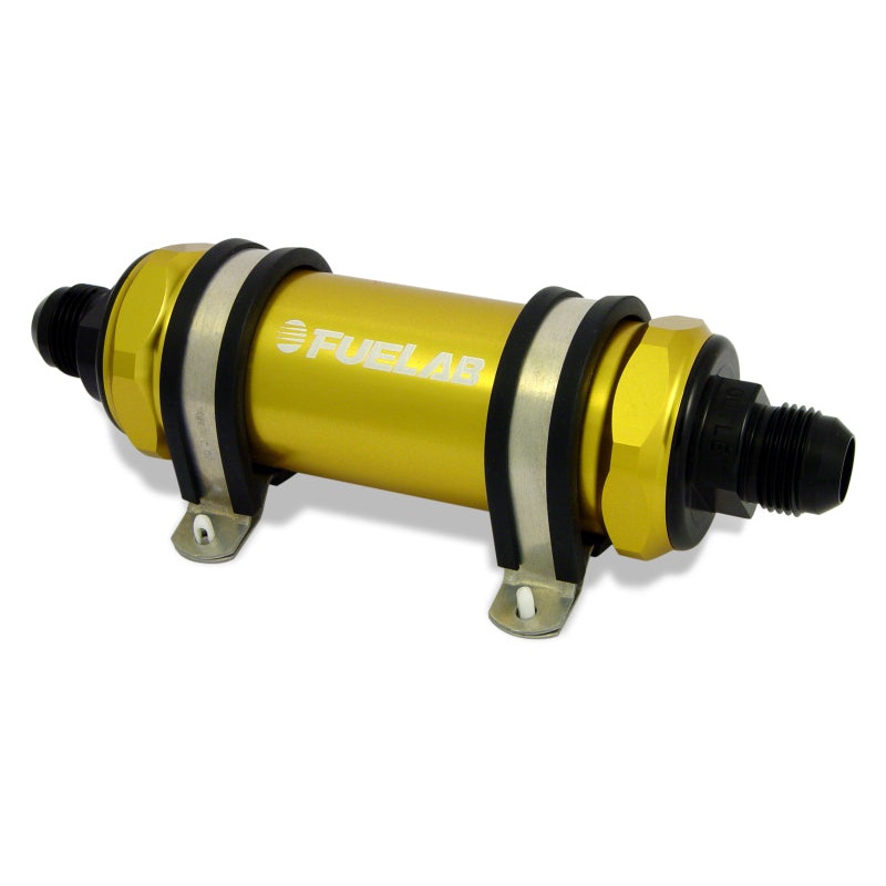 Fuelab 828 In-Line Fuel Filter Long -6AN In/-10AN Out 40 Micron Stainless – Gold