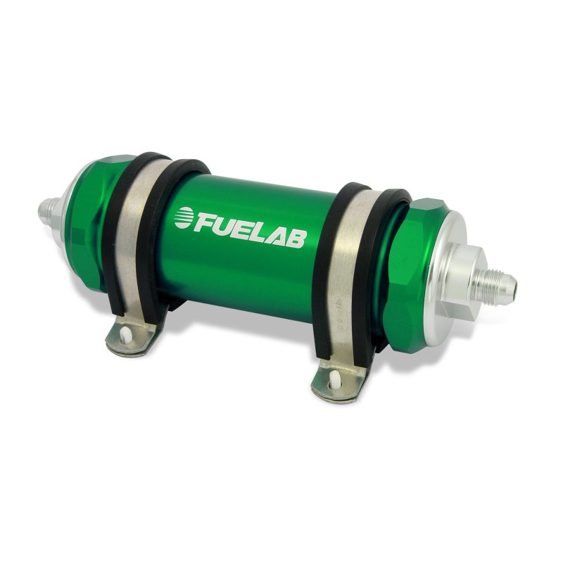 Fuelab 828 In-Line Fuel Filter Long -10AN In/-8AN Out 40 Micron Stainless – Green