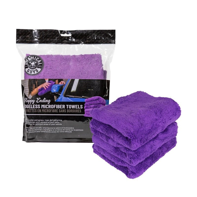 Chemical Guys Happy Ending Ultra Edgeless Microfiber Towel – 16in x 16in – Purple – 3 Pack