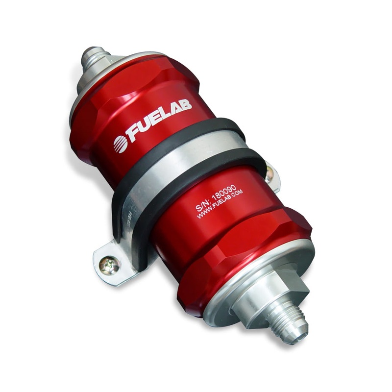 Fuelab 818 In-Line Fuel Filter Standard -8AN In/-6AN Out 10 Micron Fabric – Red