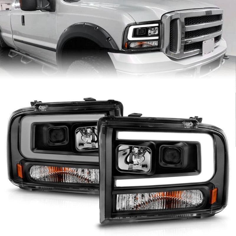 ANZO 99-04 Ford F250/F350/F450/Excursion (excl 99) Projector Headlights – w/ Light Bar Black Housing