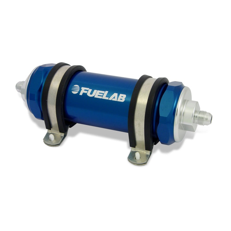 Fuelab 828 In-Line Fuel Filter Long -6AN In/Out 100 Micron Stainless – Blue