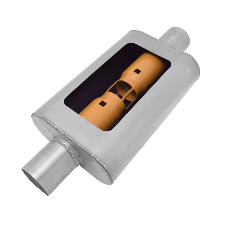 Gibson MWA Superflow Center/Center Oval Muffler – 4x9x14in/2.25in Inlet/2.25in Outlet – Stainless