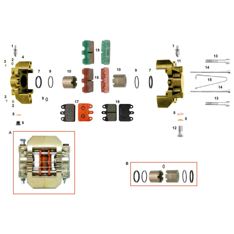 A. FMG.01800 CRG Kart V09, V10 Rear Gold Brake Caliper with Red Pads
