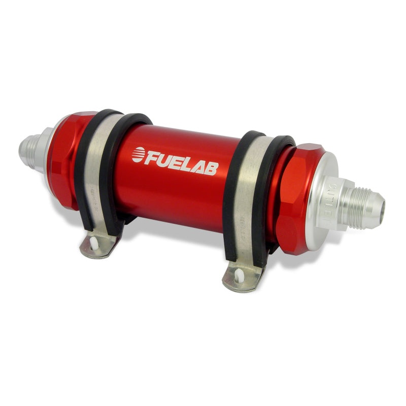 Fuelab 828 In-Line Fuel Filter Long -6AN In/-8AN Out 6 Micron Fiberglass – Red