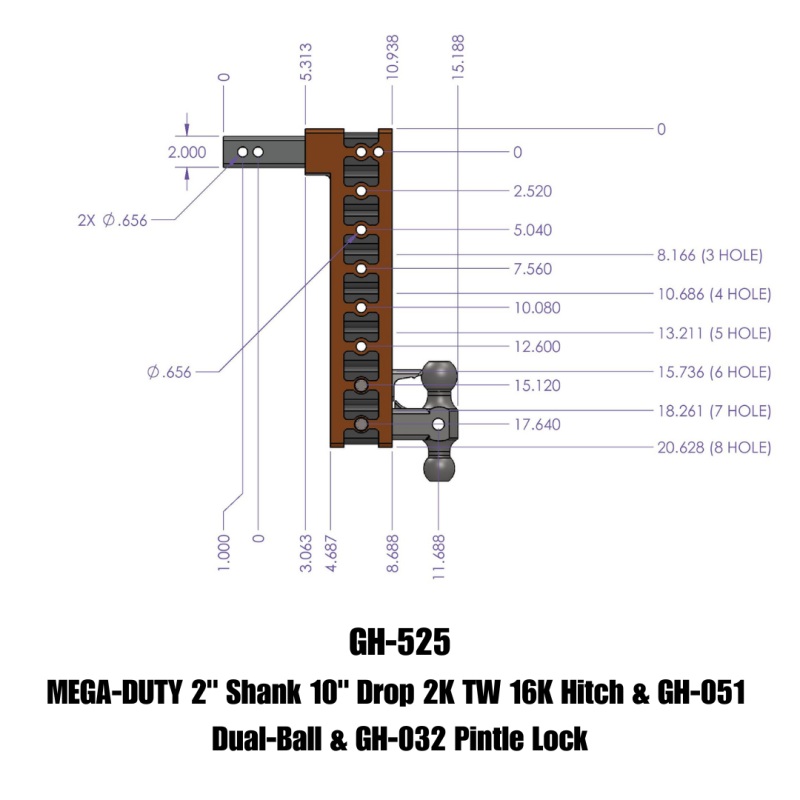 Gen-Y Mega Duty 2in Shank 10in Drop 2K TW 16K Hitch w/GH-051 Dual-Ball/GH-032 Pintle Lock