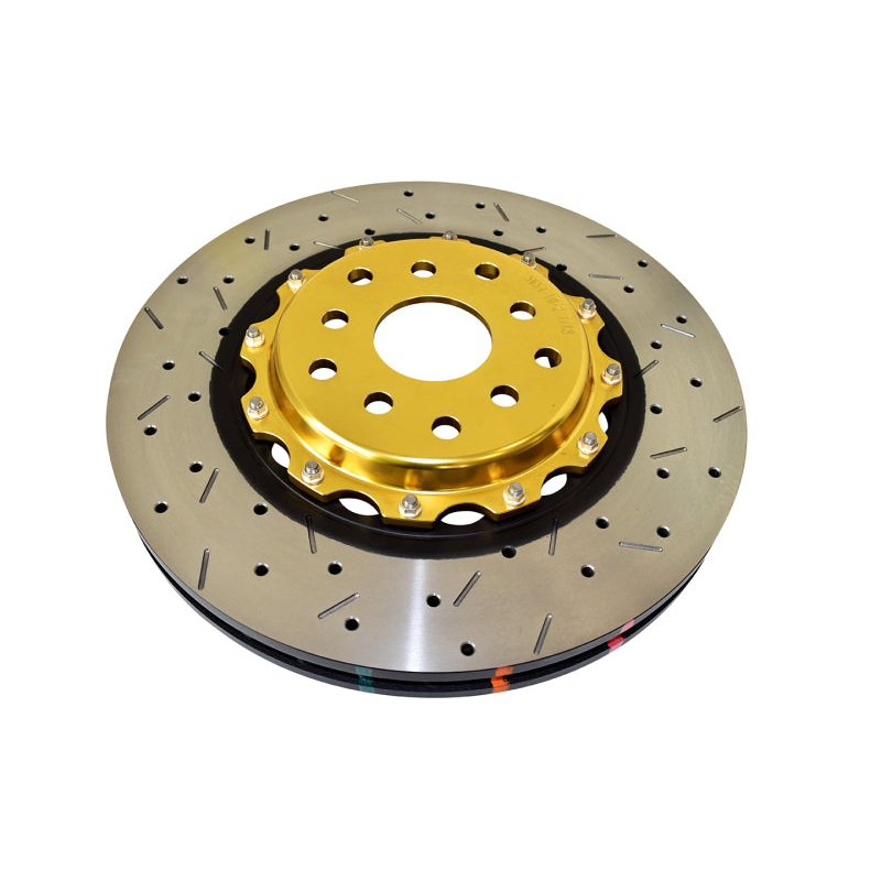 DBA 04-07 STi/2017 BRZ w/Perf. Pkg. 10 Hole Front Drilled/Slotted 5000 Series 2 Pc Rotor w/Gold Hat