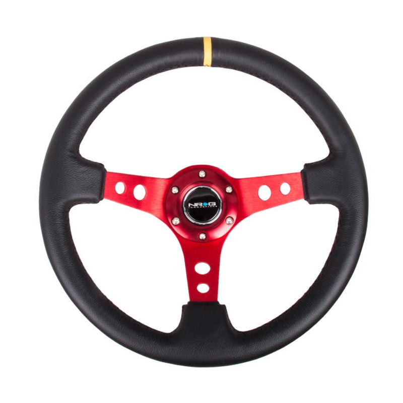 NRG ST-006 Series Steering Wheel (3″ Deep) Black Leather, Red 3 Spoke, Yellow Center Marking (350mm)